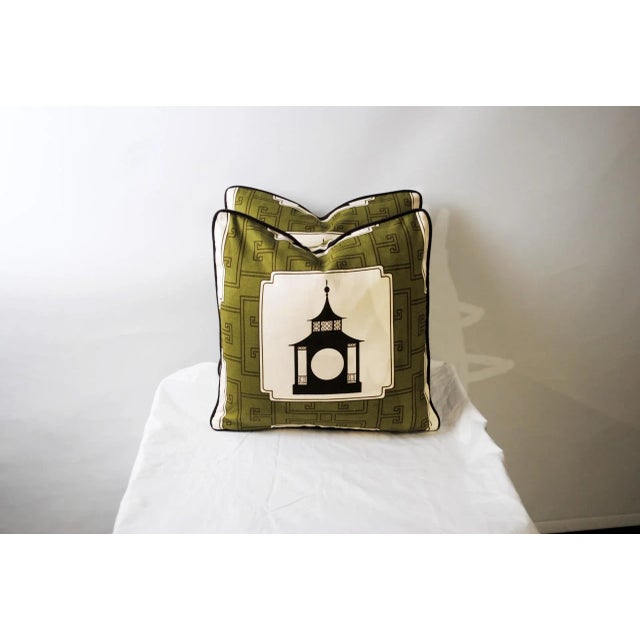 2020s Robert Allen Green Pagoda Print Pillows, 18" X 18" With Down Inserts For Sale - Image 5 of 5