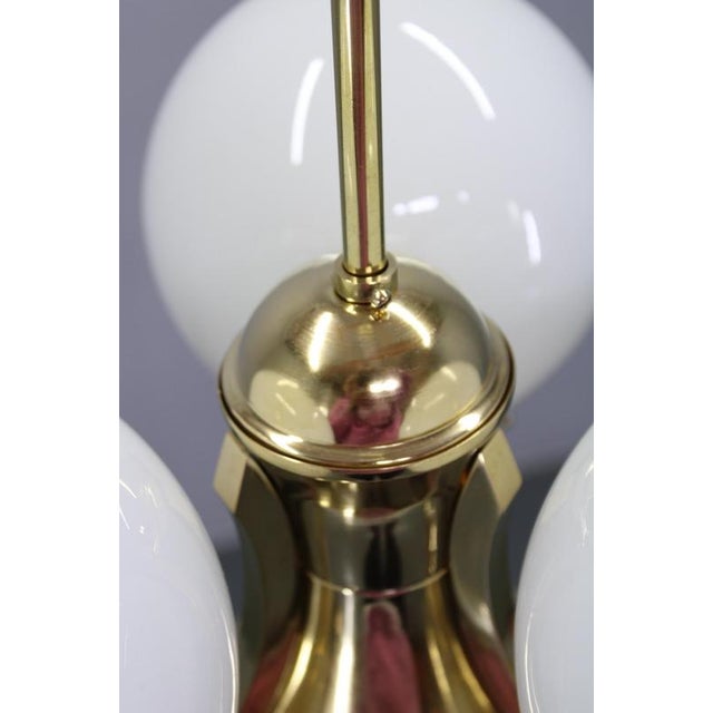 Metal Art Deco Brass Chandelier with Opaline Glass, Czechoslovakia, 1930s For Sale - Image 7 of 11