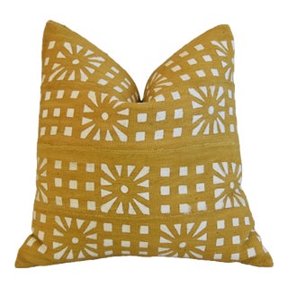 Golden & Cream African Textile Geometric Feather/Down Pillow 21" Square For Sale