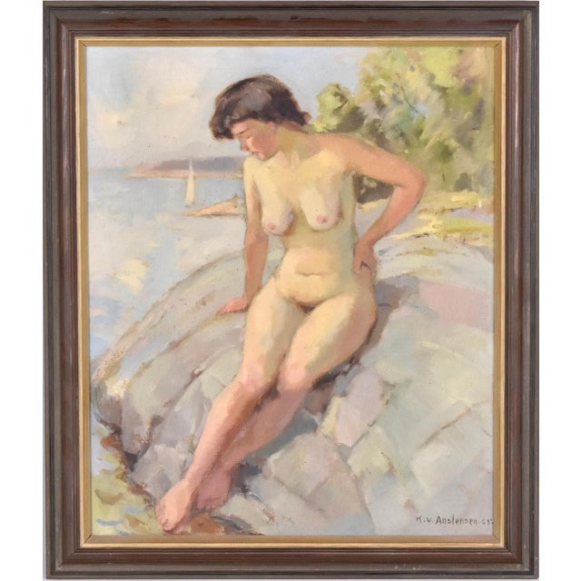 Karl Vilhelm Anstensen, Coastal Scene with Sunbathing Nude Woman, 1957, Oil Painting on Canvas, Framed For Sale - Image 17 of 17