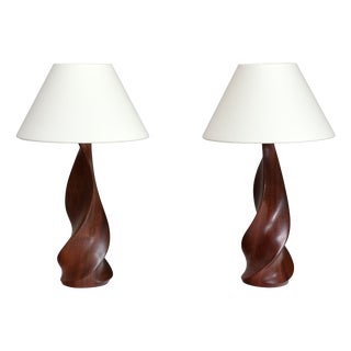 Sculptural Table Lamps in Mahogany by Claude Chauvy, France, 1950s, Set of 2 For Sale