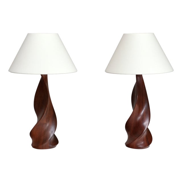 Sculptural Table Lamps in Mahogany by Claude Chauvy, France, 1950s, Set of 2 For Sale