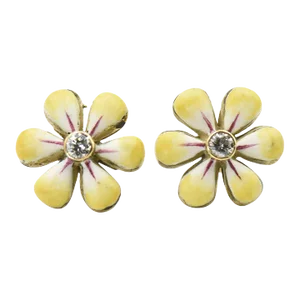 Yellow Enamel Daisy Flower Diamond Gold Earrings by Sandra J. Sensations - 2 Pieces