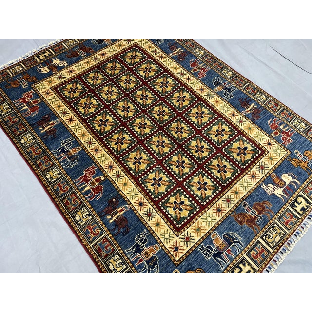 Pictorial Sultani Wool Rug With Horse Border, Blue and Cream, 4'11" X 6'7" For Sale - Image 6 of 15
