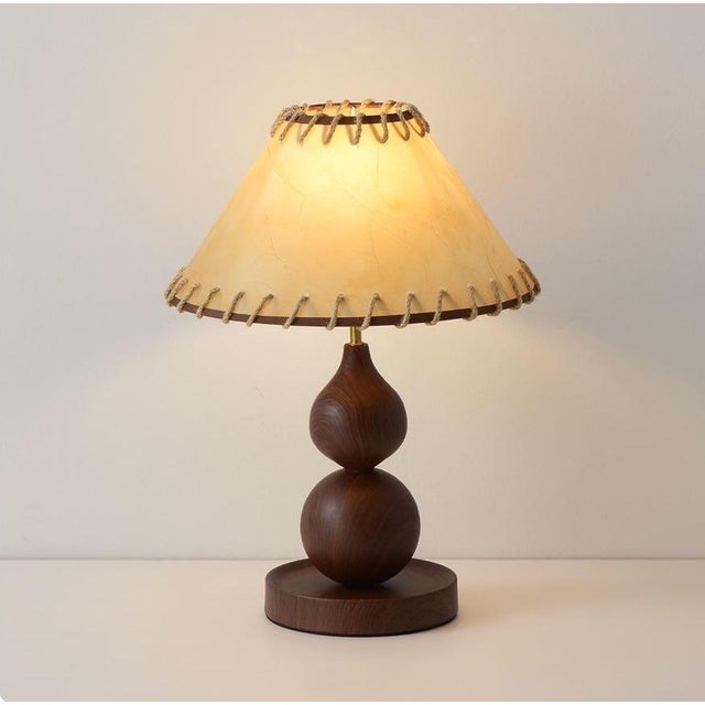Shade is light yellow cracked leather (rope trim, retro texture), body is walnut wood (gourd shape, warm and elegant),...