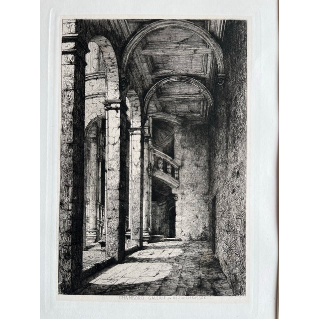 French Antique French Etching Chateau Chambord Interior With Grand Staircase For Sale - Image 3 of 5