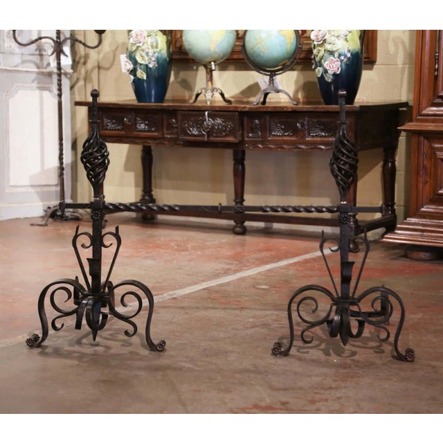 Mid 19th Century Pair of Mid-19th Century French Gothic Wrought Iron Andirons With Crossbar For Sale - Image 5 of 10