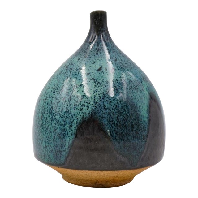Vintage Mid 20th Century Joel Edwards Sculptural Blue Drip Glaze Vase For Sale