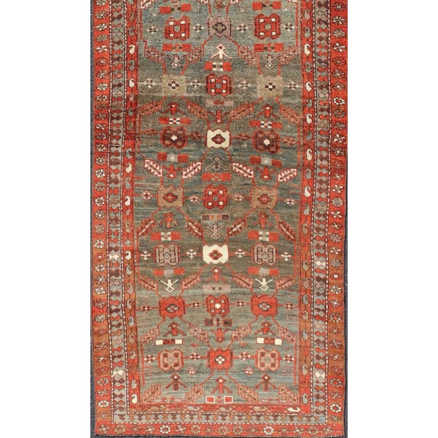 Early 20th Century Kurdish Antique Runner in Vibrant Blue-Teal Background and Multi-Tiered Border For Sale In Atlanta - Image 6 of 12