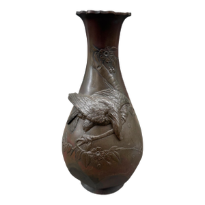 17" Antique Oriental Bronze Vase With Embossed Eagle on Branch