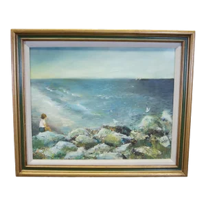 Mid 20th Century Nautical Ocean Seascape Sailboat Seagulls & Child on Rocks Oil Painting, Framed
