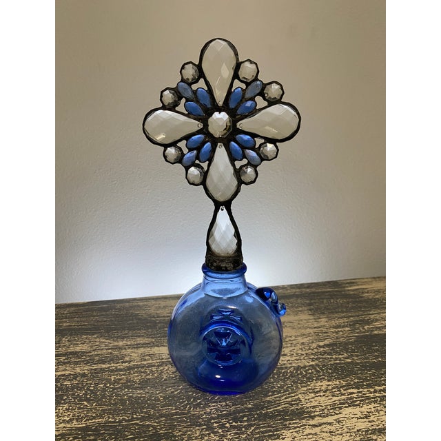 Gothic Handmade Crystal Cross Assemblage Sculpture on Cobalt Blue Glass Bottle For Sale - Image 3 of 7