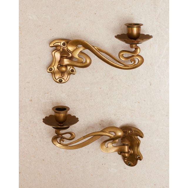 Metal Art Nouveau Brass Taper Candlestick Rotating Sconces For Sale - Image 7 of 15