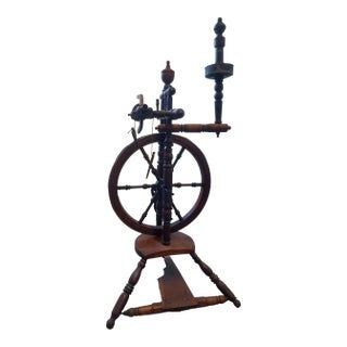 18th-Century European Antique Spinning Wheel — Complete With Distaff, Bobbins & Drive Wheel, Walnut For Sale
