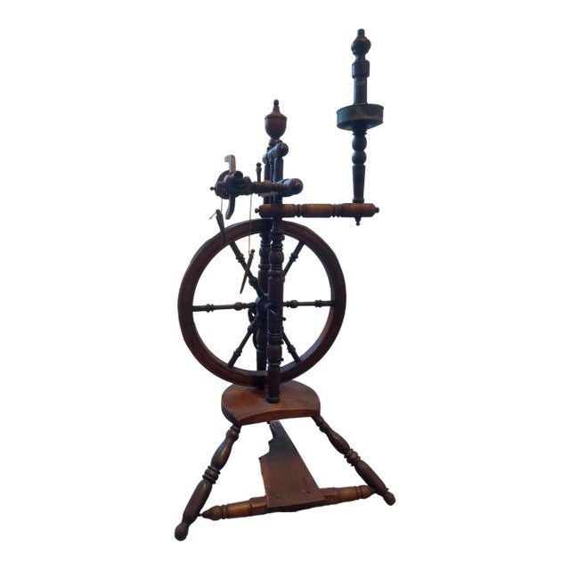 18th-Century European Antique Spinning Wheel — Complete With Distaff, Bobbins & Drive Wheel, Walnut For Sale