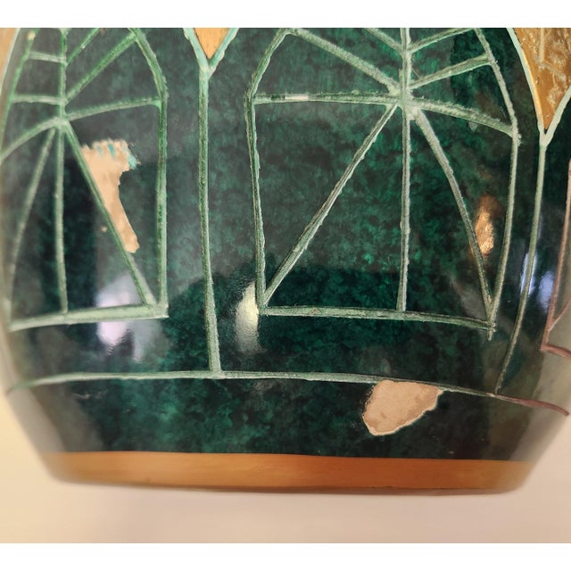 Pair Large Postmodern Vintage Green and Gold Floor Vases For Sale - Image 11 of 13