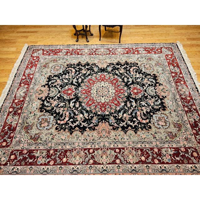 Vintage Persian Tabriz Rug, Hand-Knotted Wool & Silk, Floral Garden Pattern, Black & Red, 8x10 For Sale - Image 10 of 18