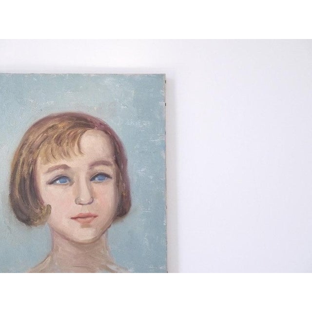 1970s 1970s French Oil Portrait Painting of a Blue Eyed Girl For Sale - Image 5 of 8