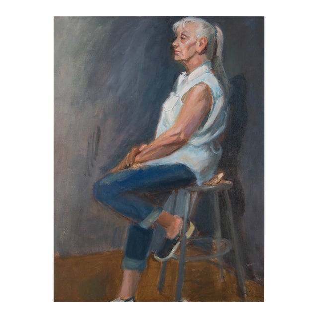 Original Portrait Oil Painting of a Woman, “Woman in Blue” For Sale