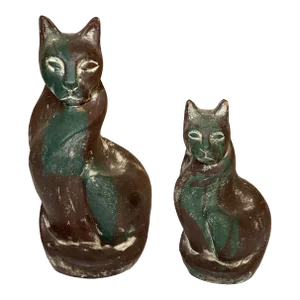 Pair Large Mid Century Ceramic Chalkware Egyptian Style Cat Sculpture Figurines