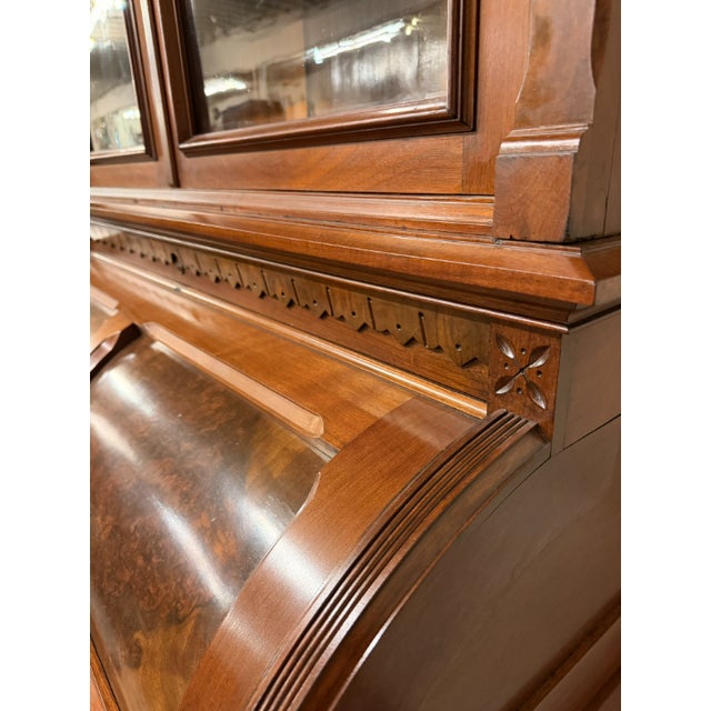 Late 19th Century Victorian American Eastlake Burl Walnut Cylinder Roll Top Desk With Pull-Out Writing Surface For Sale - Image 13 of 18