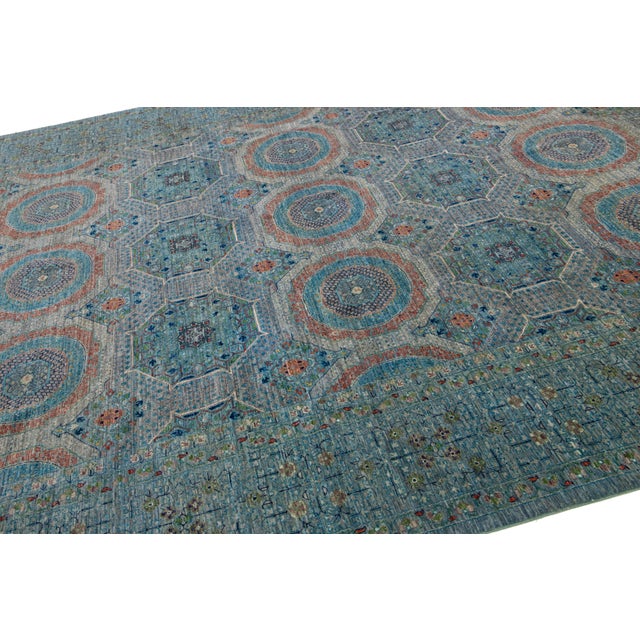 Blue Modern Mamluk Wool Rug With Geometric Design For Sale - Image 9 of 9