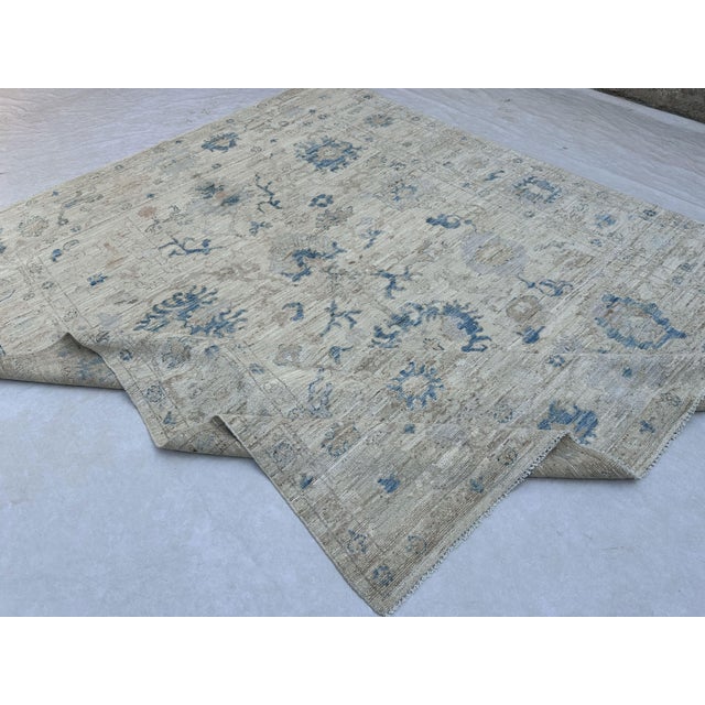 Cream Oushak Handmade Wool Rug in Cream and Light Blue For Sale - Image 8 of 11