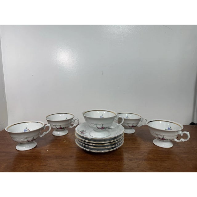 Vintage Wawel Poland Porcelain Tea Cup Saucer Set 5 Floral Gold Trim - 10 Pcs For Sale - Image 4 of 18