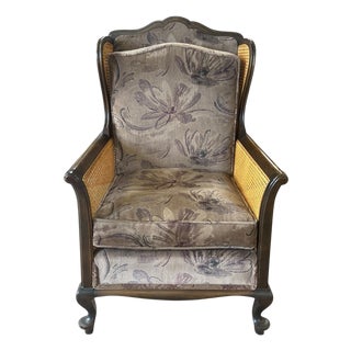 Traditional Queen Anne Style Dark Wood Caned Lounge Chair With Floral Velvet Cushions For Sale