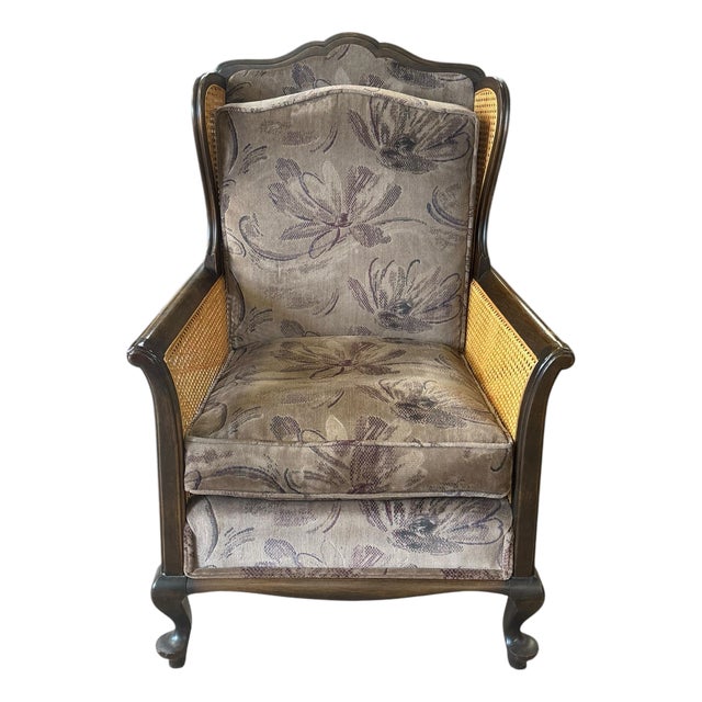 Traditional Queen Anne Style Dark Wood Caned Lounge Chair With Floral Velvet Cushions For Sale