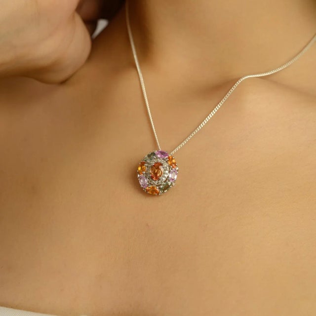 Art Deco 4.65 CTW Multi Sapphire Cluster Silver Pendant With Diamond - Carat&her For Sale - Image 6 of 11