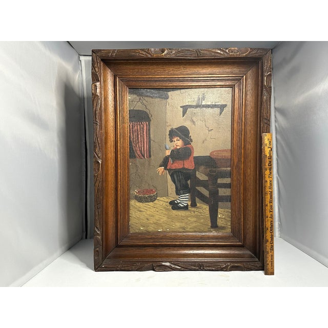 Antique Folk Art Oil Painting: Young German Boy with Spoon For Sale - Image 9 of 9