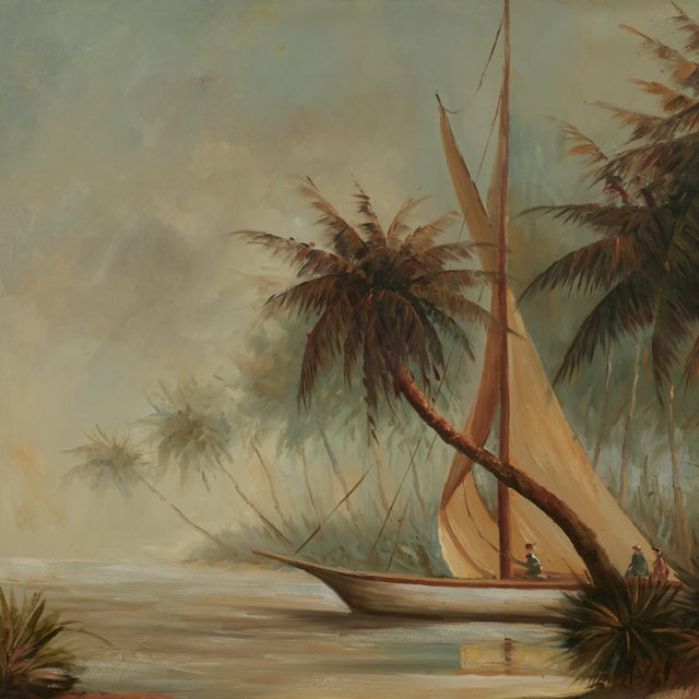 1970s Large Tropical Painting of a Boat With Palm Trees For Sale - Image 5 of 13
