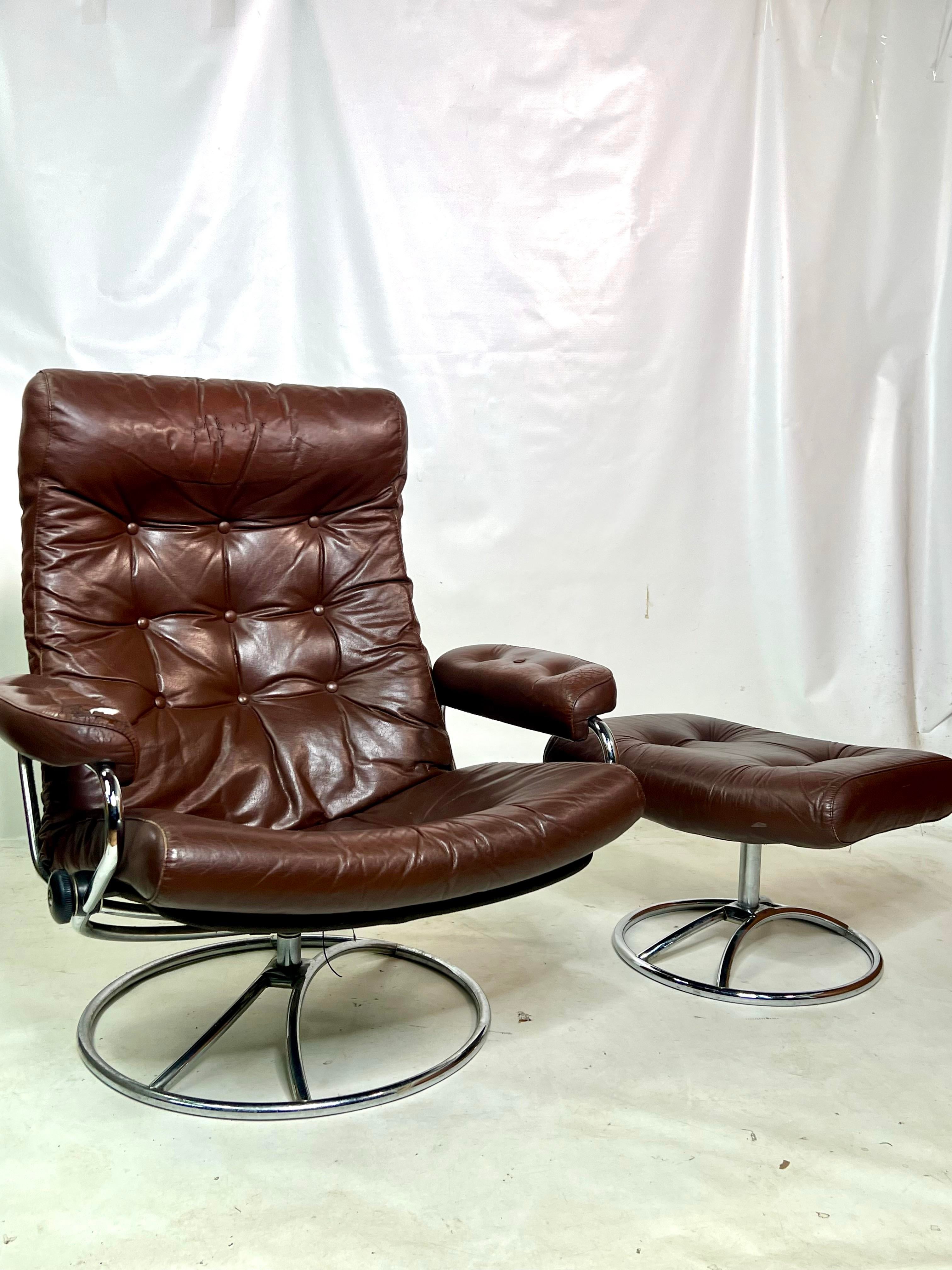 Ekornes Stressless Mid Century Chrome and Leather Lounge Chair and 