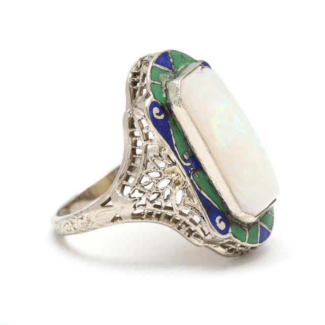 Traditional 1930s Art Deco Large Opal Rectangular Ring, 14k White Gold, Ring Size 4.25 For Sale - Image 3 of 6