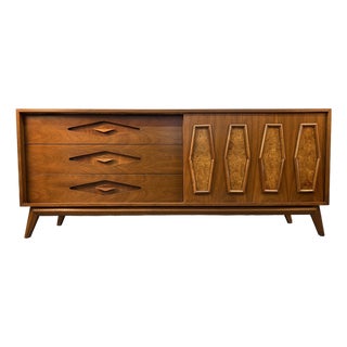 Unique Mid-Century Burl and Walnut Diamond Motif Credenza For Sale