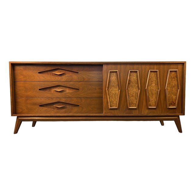 Unique Mid-Century Burl and Walnut Diamond Motif Credenza For Sale
