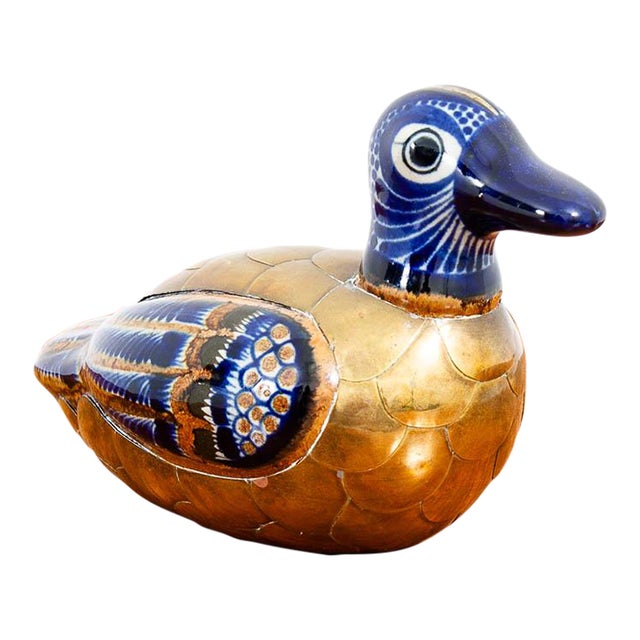 Mid-Century Modern Blue and Gold Ceramic Duck Decorative Table Sculpture For Sale