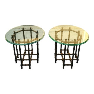 Mid 20th Century Hollywood Regency Faux Bamboo Glass Top Side Tables - a Pair For Sale