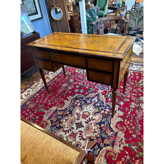 Lovely intricately inlaid antique Italian Louis XVI or Neoclassical marquetry writing desk having 5 drawers on one side,...