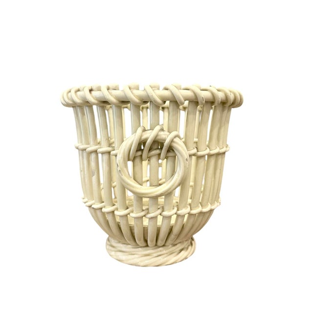 Vintage English Creamware Ivory Woven / Open Weave Reticulated Basket / Basketweave Ring Handled Jardiniere / Cache Pot / Cachepot / Planter For Sale - Image 4 of 11