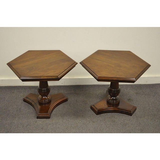 Pair Vintage Ethan Allen Court Cherry Pedestal Hexagonal Side
