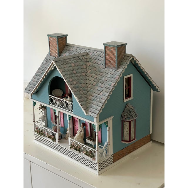 1960 Vintage Dollhouse Blue Cottage Handmade Furnished For Sale - Image 4 of 17
