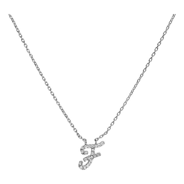 10K White Gold Diamond Accent "F" Initial Script Style Pendant Necklace For Sale
