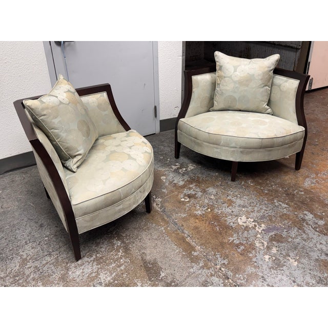 Design Plus Gallery presents a Pair of Miranda Corner Chairs from Mitchell Gold. These lounge chairs have a sculptural...