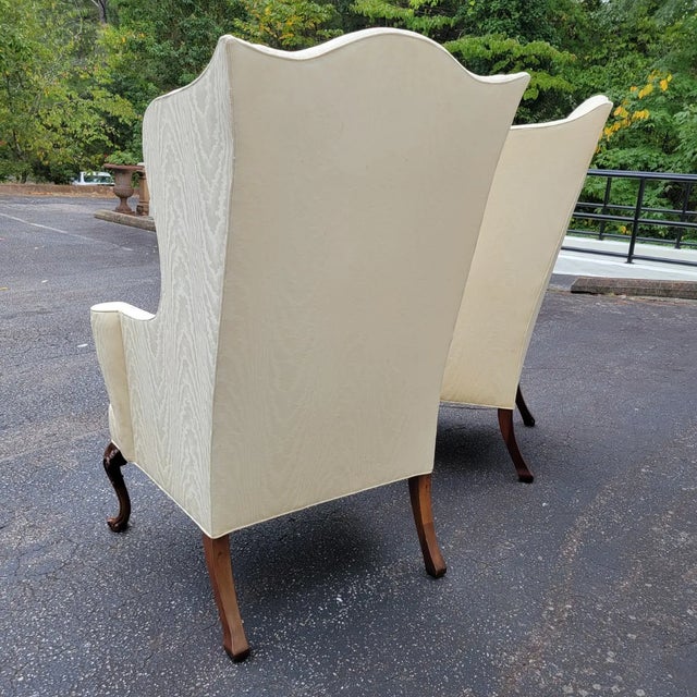 Pair of Southwood Queen Anne Wingback Chairs in Ivory Damask For Sale - Image 13 of 15