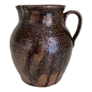 Antique Earthenware Milk Pitcher in Mottled Brown With Drip Glaze For Sale