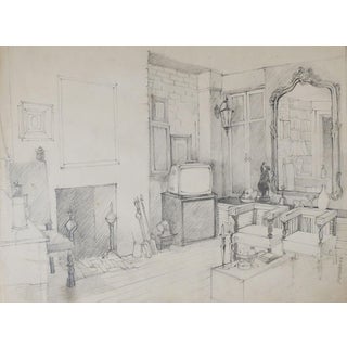 Vintage Interior Pencil Drawing For Sale