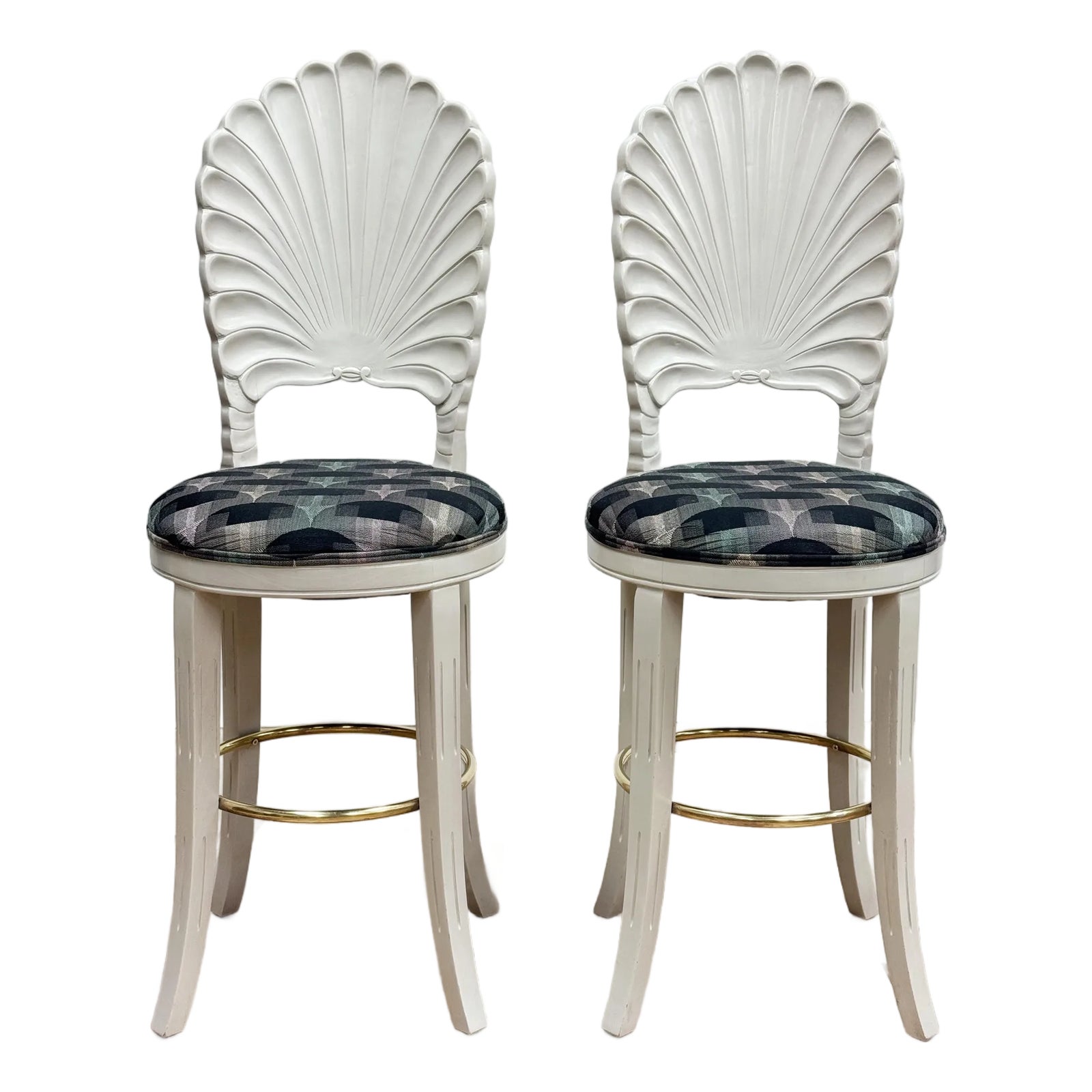 Vintage Coastal Regency Grotto Style Shell Back Counter Stools, a Pair ...