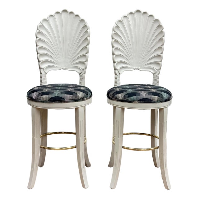 Vintage Coastal Regency Grotto Style Shell Back Counter Stools, a Pair For Sale